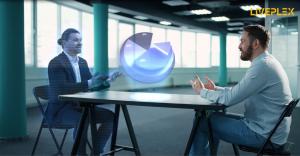 Man talks to another man using hologram/metaverse tech