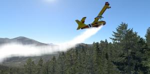 Bridger Aerospace Digital Super Scooper Model dropping water in X-Plane 12. •	Capable of rapid response, Super Scoopers are an ideal tool for preventing fire growth.  By using local water sources, Scoopers can repeatedly attack the head of the fire in rapid succession.