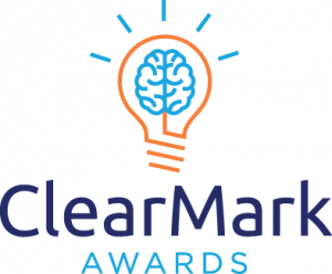 Orange outline of an illuminated light bulb with a light blue outline of a brain inside the lightbulb. The words ClearMark Awards are below the lightbulb.