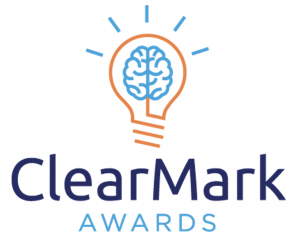 Orange outline of an illuminated light bulb with a light blue outline of a brain inside the lightbulb. The words ClearMark Awards are below the lightbulb.