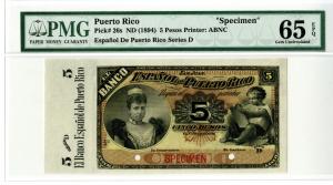 San Juan, Puerto Rico, Banco Espanol De Puerto Rico, ND (1894), 5 Pesos, P-26s, Series D, Specimen Banknote, Black on orange and yellow underprint, Portrait of Marina Christina at left, seated child painting at right, back red-brown with arms on left, S/N