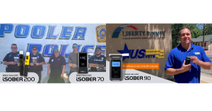 Product models of iSOBER Breathalyzers overlaid on images of customers from various police departments as well as an image with a member of U.S. Vets