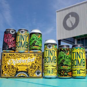 A photo of WISEACRE packaged beer: Tiny Bomb, Bow Echo Hazy IPA, Gotta Get Up to Get Down and Oktoberfest.