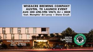 A poster for the WISEACRE Texas kick-off event, which features a photo of the exterior of the South Congress Hotel, a midcentury modern three story building made of brick, glass and concrete.