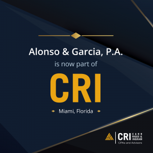 dark blue background with text saying "Alonso & Garcia, P.A. is now part of CRI"
