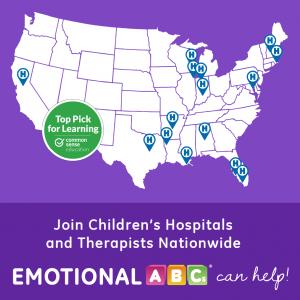 USA map of 13 Children's Hospitals that use Emotional ABCs, Moody waving