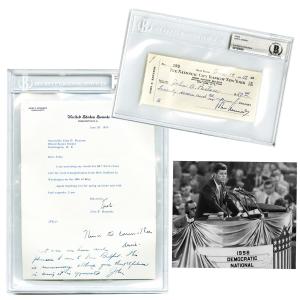 Two items relating to JFK's failed 1956 Democratic Vice-Presidential bid, will be sold as one lot: a signed personal check for expenses and an accompanying typed letter, both authenticated and slabbed by Beckett Authentication Services (est. $15,000-$17,000). 
