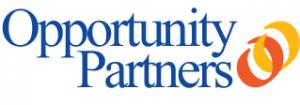 The words Opportunity Partners in blue letters with orange and yellow rings on the right side