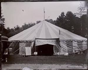 digital image of a Glens Falls Art tintype by artist Craig Murphy of Zerbini circus tent with Glens Falls Art logo.