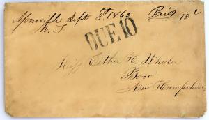 Rare 1860 manuscript out of the short-lived Monoville (Nev.) mining camp, one of only two examples known, with a Utah Territory postmark, stamped “Paid 10c” and “DUE 10” ($7,187).