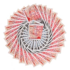 Many 50 pound sterling bank notes fanned out, isolated on white