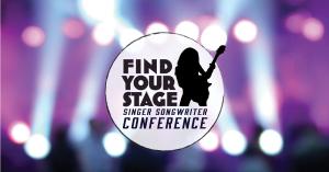 Black silhouette of long-haired person playing an electric bass guitar in a spotlight with words "Find Your Stage Singer Songwriter Conference".