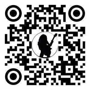 Scannable QR Code for Find Your Stage Singer Songwriter Conference that contains black silhouette of a long-haired person holding an electric bass guitar. Scanning the barcode with a smart phone camera will bring up the website.