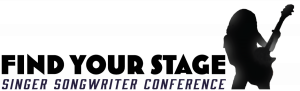 Find Your Stage Singer Songwriter Conference Bumper Sticker with black silhouette of a long-haired person playing an electric bass guitar