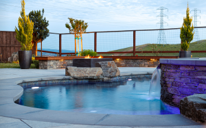 This backyard contains a dipping pool with a firepit, decorative stone boulders and epi wood seating.