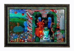 Large oil on canvas by Igor Tulpanov (Russian-American b. 1939), measuring 36 inches by 59 ½ inches (less frame), a colorful and vibrant surrealist work titled Samurai (est. $35,000-$55,000).