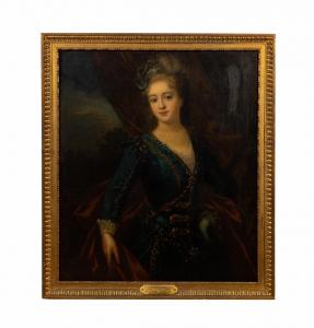Oil on canvas portrait painting by Jean Baptiste Van Loo (French 1684-1745), a three-quarter length painting of Madame Marie Justine Benoit Duronceray Favart (est. $15,000-$25,000).