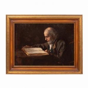 Oil on board depiction of an Old Man Reading by Eastman Johnson (American, 1824-1906), initial signed (“E.J.”) and nicely housed in a 20 ¾ inch by 27 inch frame (est. $4,000-$6,000).