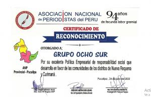 Ocho Sur was awared a Diploma by ANP for its Social Responsibility Program