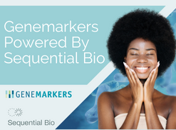 Text reads "Genemarkers Powered By Sequential Bio" on a light blue background. There is an image of an African American woman touching her face. The background shows blue microbiota