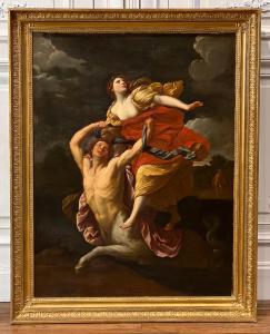 19th century Continental School oil on canvas titled Centaur Kidnapping Deianeira (after Guido Reni), 45 inches by 34 inches (sight, minus frame).