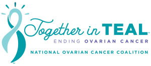 Together in TEAL® logo - the National Ovarian Cancer Coalitions signature awareness run walk event. Large teal ribbon on the left with Together in TEAL® in script and ending ovarian cancer in a smaller font below.