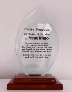 Award commemorating 10 years of service by Claire Peacock, the newly named Chief Operating Officer of MenuTrinfo.