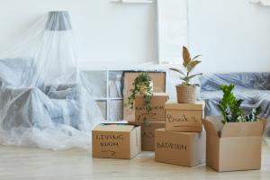 Marked cardboard boxes on the floor in the new apartment