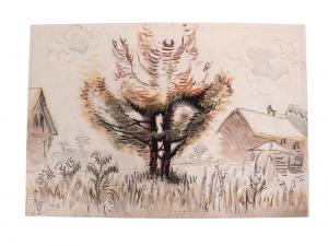 Conte crayon and watercolor on paper by Charles E. Burchfield (American, 1893-1967), titled  Cicada Pines in August (1964).