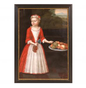 Hudson River School oil on canvas Portrait of a Young Girl, artist unknown, rendered in the 17th or 18th century.