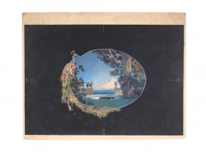 Gouache on paper by Maxfield Parrish (1870-1966), Untitled (Figures in a Landscape with Peacock).