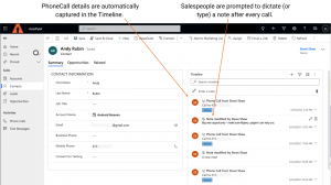 Screen shot of a Dynamics Contact with phone call and note logged in timeline.