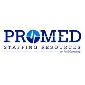 Photo of ProMed Staffing Resources logo which consists of the company's spelled out in dark blue with the letter O as a circle made of two parts: one part in light blue and the other part in dark blue with heartbeat symbol in white in the middle of the ci