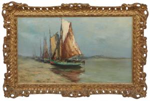 19th century oil on canvas painting by Eugène Louis Boudin (French, 1824-1898), titled Bateaux sur la Plage de Bretagne, signed lower left, with an old gallery label (est. $10,000-$20,000).