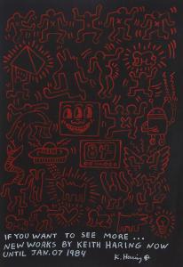 Felt pen on paper by Keith Haring (N.Y., 1958-1990), titled If You Want to See More….. (1984), signed lower right and bears a “Keith Haring Estate” stamp on verso (est. $10,000-$15,000).