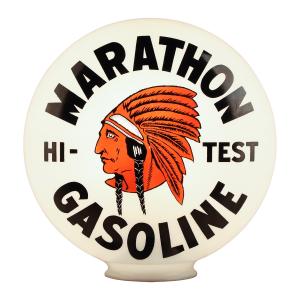 Rare Canadian Red Indian Marathon Gasoline pump globe, 16 ½ inches by 16 ½ inches, with the graphics fired to the exterior surface of the globe (est. CA$10,000-$13,000).