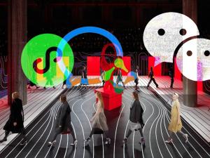 fashion models walking in a circle with a futuristic background