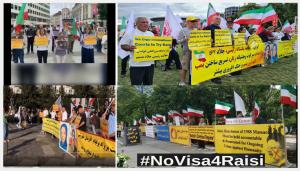 Freedom-loving Iranians and supporters of (PMOI/MEK) held rallies in five different cities in the U.S. and Europe condemning the horrific human rights violations by the mullahs ruling Iran and calling on the U.S. administration to deny a visa for Ebrahim Raisi.