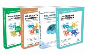 Front covers of Human Resource Management Essentials, HR Analytics Essentials, Leadership Essentials, and Organizational Behavior Essentials