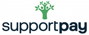 The SupportPay Logo, black text with a green icon centered above it making the shape of a family silhouette and growing tree