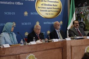 81st Attorney General of the United States, Michael Mukasey (2nd from left) discussing the significance of a complaint filed in New York against Ebrahim Raisi for crimes against humanity and genocide in a Washington, DC conference organized by NCRI-US, August 25, 2022.