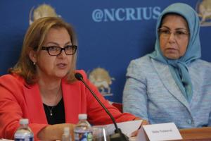 Ms. Sheila Neinavaie (left), a torture victim who spent 8 years in Iranian prisons, testifies against Ebrahim Raisi as she joins a complaint filed in New York against Raisi for crimes against humanity and genocide in a DC conference organized by NCRI-US, 25 August 2022.