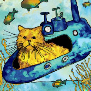 Image of a cat in a submarine in the style of Vincent van Gogh