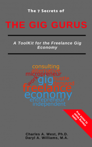 Screen shot of the cover of the 7 Secrets of The Gig Gurus book. A word cloud of consulting, alternative, micropreneur, gig work, hustle, demand, freelance and economy is prominently featured in multiple colors on a grey background.