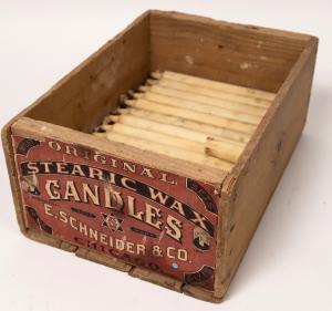 Rare original box with about 30 original candles from E. Schneider & Company, circa the 1880s. The candles would have been used by miners to light underground mines ($5,002).