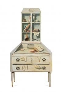 Mid-century Italian trompe l’oeil painted secretary bookcase in the style of Eugene Berman and Fernand Renard, 73 inches by 39 ½ inches ($15,000).