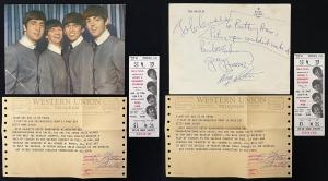 Telegram of congratulations sent to the consignor, informing her she’d won a ticket (included) to see the Beatles at their Steel Pier (Philadelphia) concert in August 1966 (est. $15,000-$20,000).