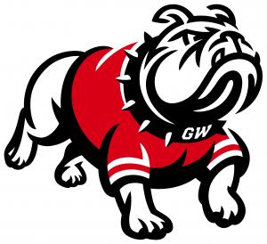 Bulldog logo for Gardner-Webb University. Cartoon image featured in colors of red and black with dog running from left to right.