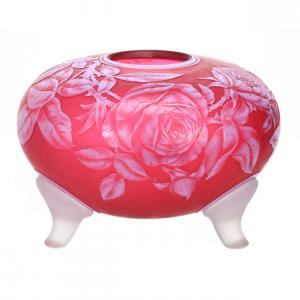 Signed Thomas Webb & Sons English cameo art glass rose globe, 4 ¾ inches by 6 ¾ inches, cranberry ground with a beautiful white cameo carved overlay featuring rose blossom and butterflies.