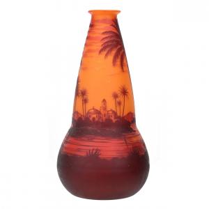 Signed Richard cameo art glass vase by Loetz, 15 ¾ inches tall, a nice quality vase boasting orange ground with a lake, Islamic village, palm tree and mountain scenic décor.